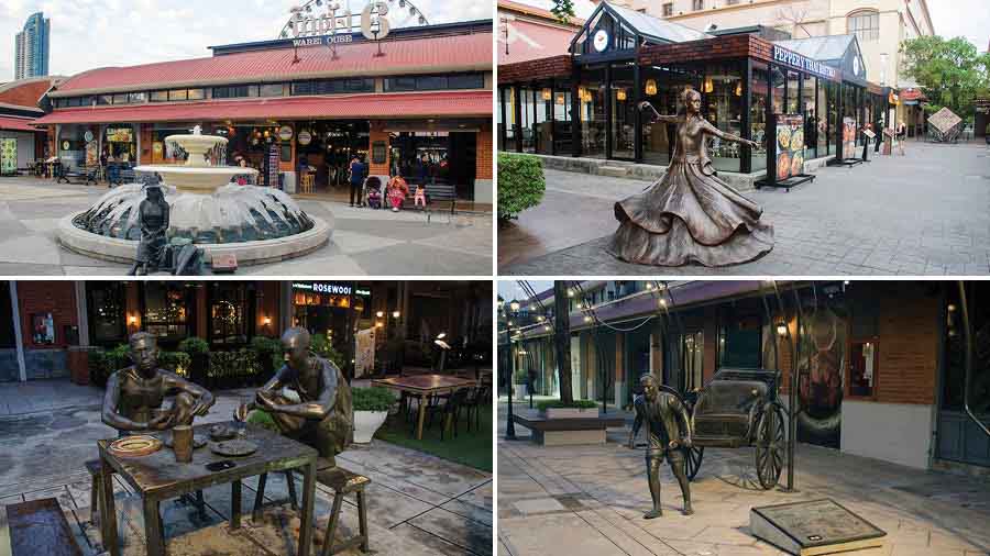 (Clockwise from top left) A statue of a European lady sitting on the edge of a fountain; a statue of a dancing lady with restaurants in the backdrop; a model of hand-pulled rickshaw, which was once part of the Bangkok transport, and statues of workers enjoying a meal 