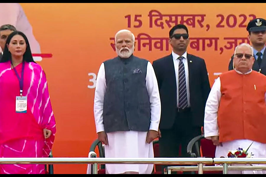 PM Narendra Modi with Rajasthan Guv Kalraj Mishra and Deputy CM-designate Diya Kumari during the swearing-in ceremony of Rajasthan CM-designate Bhajan Lal Sharma