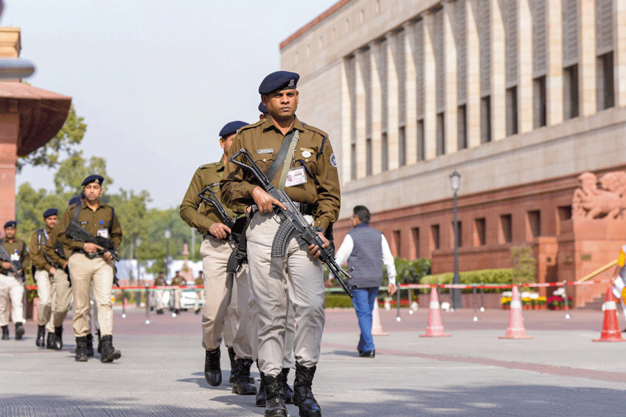 Security personnel at Parliament House complex during the Winter session, in New Delhi on Friday.