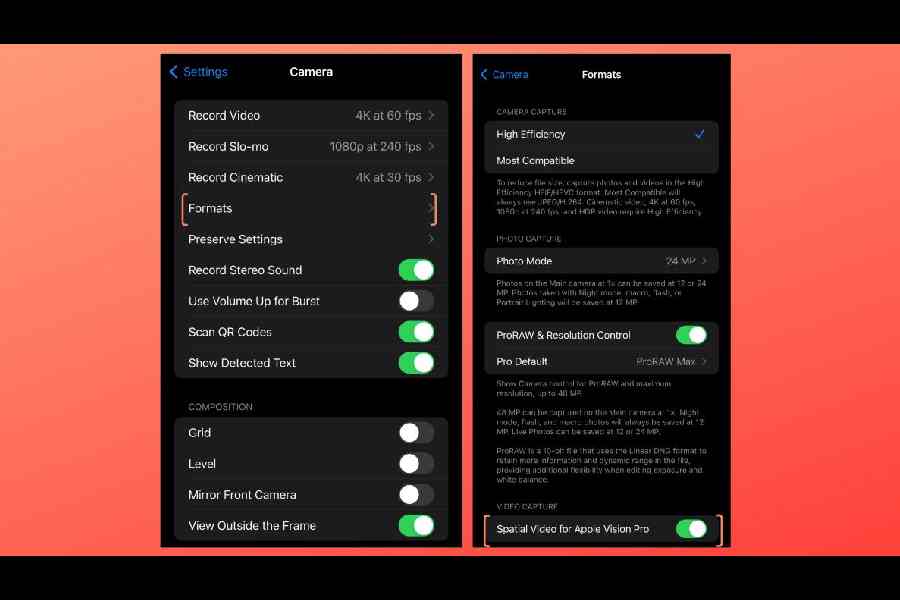 To enable Spatial video capture on the phone, do the following: Visit settings, camera, formats and then Spatial video