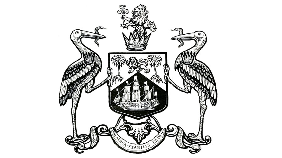 The coat of arms with two storks facing each other — holding a snake in their mouths with the royal crown placed in between 