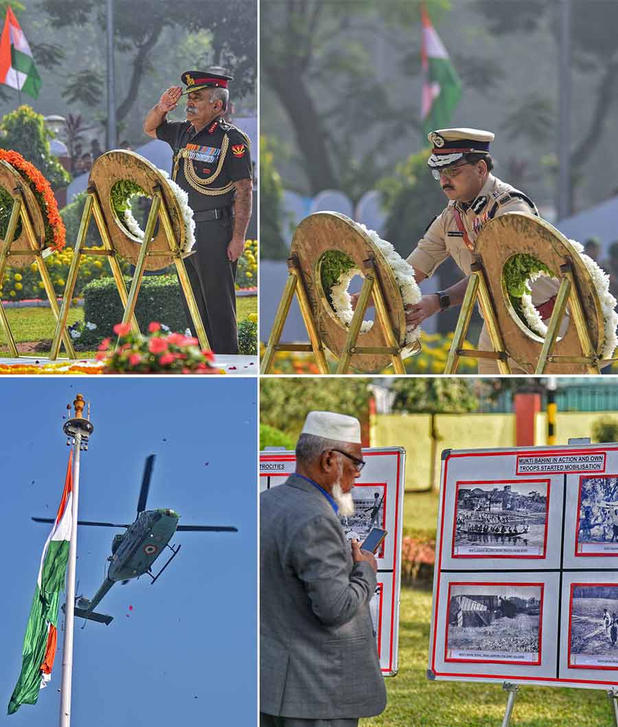 (Clockwise from top left) Lieutenant-General RP Kalita, general officer commanding-in-chief, Eastern Command and Kolkata police commissioner Vineet Kumar Goyal salute at Vijay Smarak on Vijay Diwas on Saturday; a ‘mukti joddha’ from Bangladesh browses through photographs of the Bangladesh Liberation War at Fort William and an Indian Army Helicopter showers flower petals over the monument