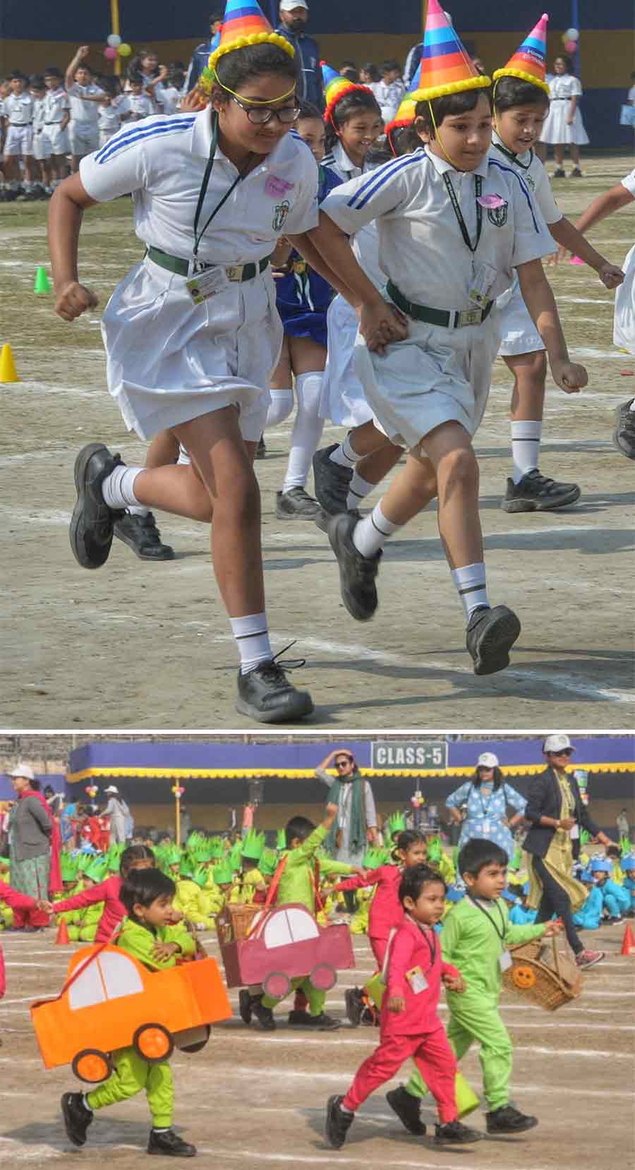 Children take part in the 19th Annual Junior School Sports of DPS Ruby Park at Geetanjali Stadium on Saturday