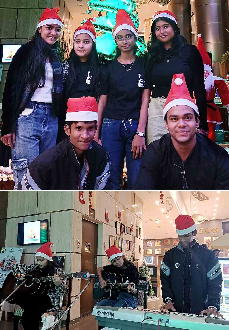 (Top) Responsible Charity, a city-based NGO took an initiative where lesser privileged children began their Christmas celebrations with the unveiling of a sustainable Christmas tree at Hotel Holiday Inn Kolkata Airport on Friday and (above) they performed Christmas carols on the occasion