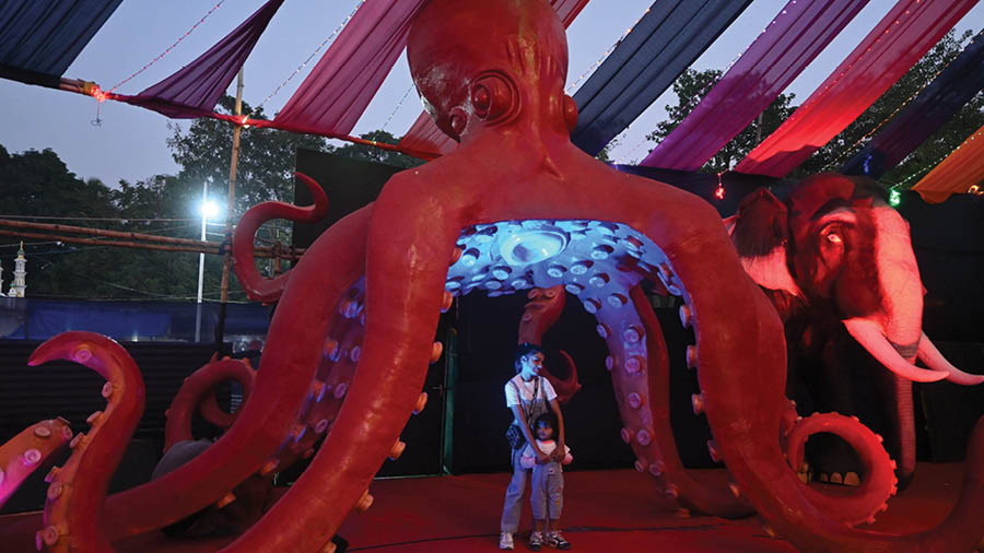 The giant octopus was one of many figurines seen at the exit of the tunnel