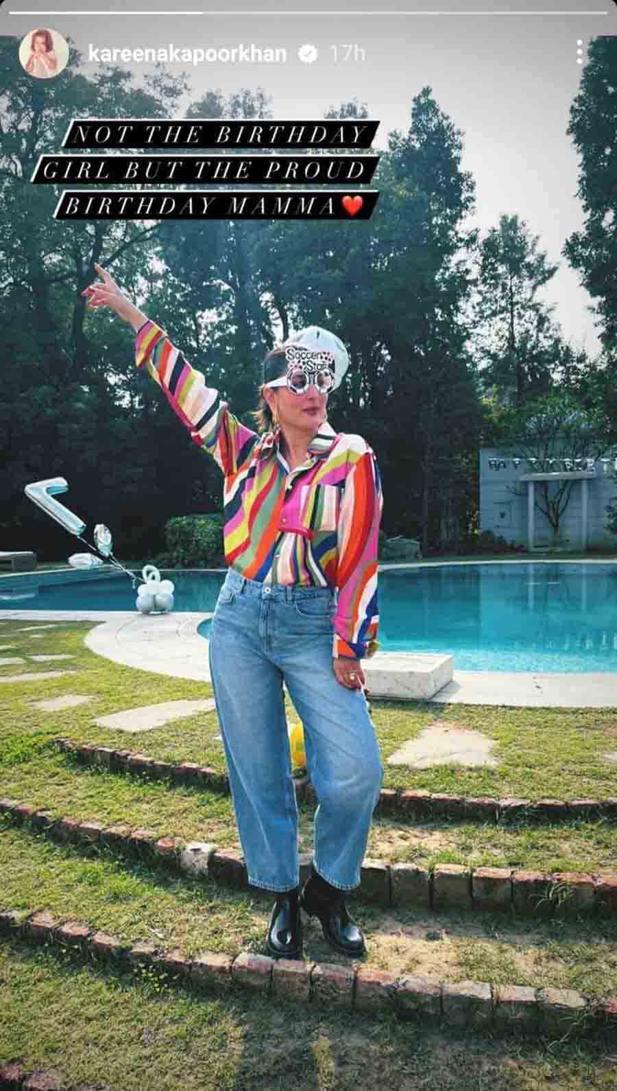 Kareena rocked a vibrant striped shirt paired with boyfriend jeans, funky glasses and black boots. “Not the birthday girl but the proud birthday mama,” read her Instagram story caption. 