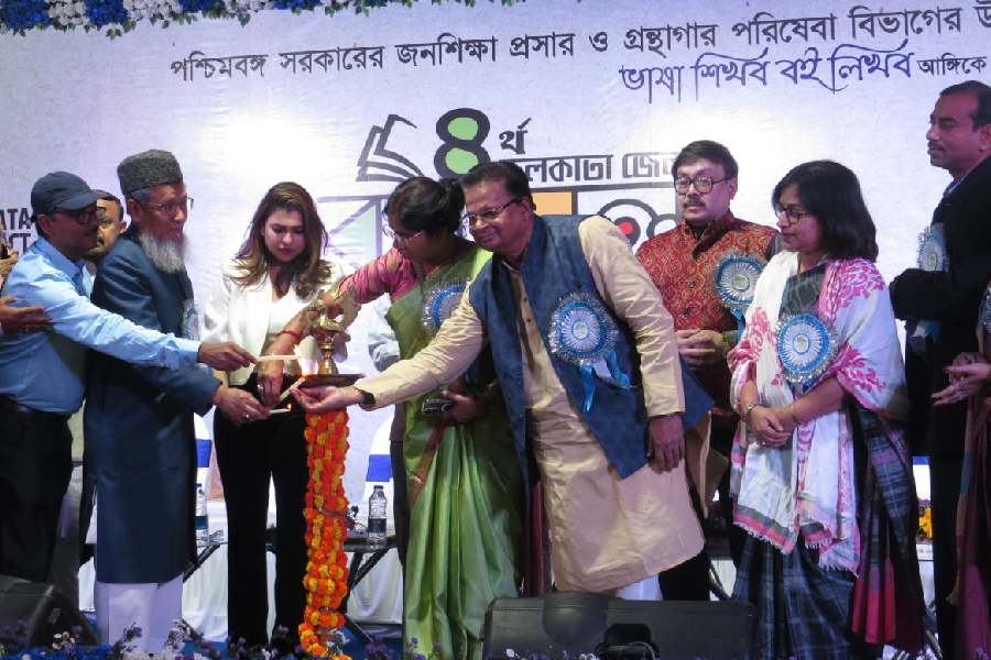The inaugural lamp being lit at the fourth Calcutta district book fair at Bidhan Sishu Udyan.