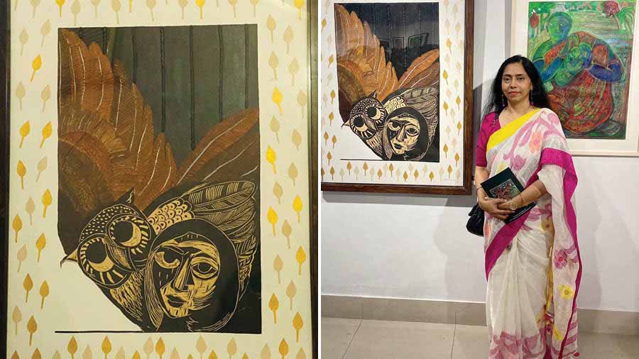 (L to R) A close-up of Shanta Roy’s artwork titled ‘Africa’; The artist with her art