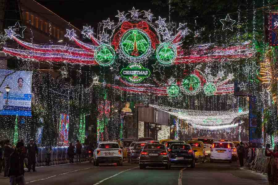 Illuminated Park Street ahead of the Christmas Day celebrations, in Kolkata, Thursday, Dec. 21, 2023.