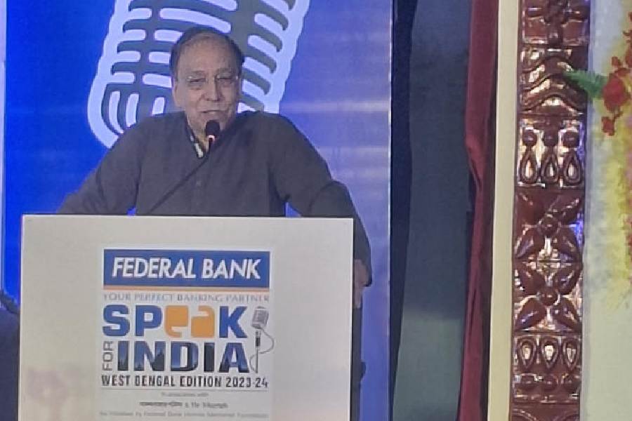 Historian Sugata Bose speaks at the launch of Federal Bank presents Speak for India — West Bengal Edition, in association with Anandabazar Patrika and The Telegraph, at Bhairab Ganguly College in Belgharia on Friday.