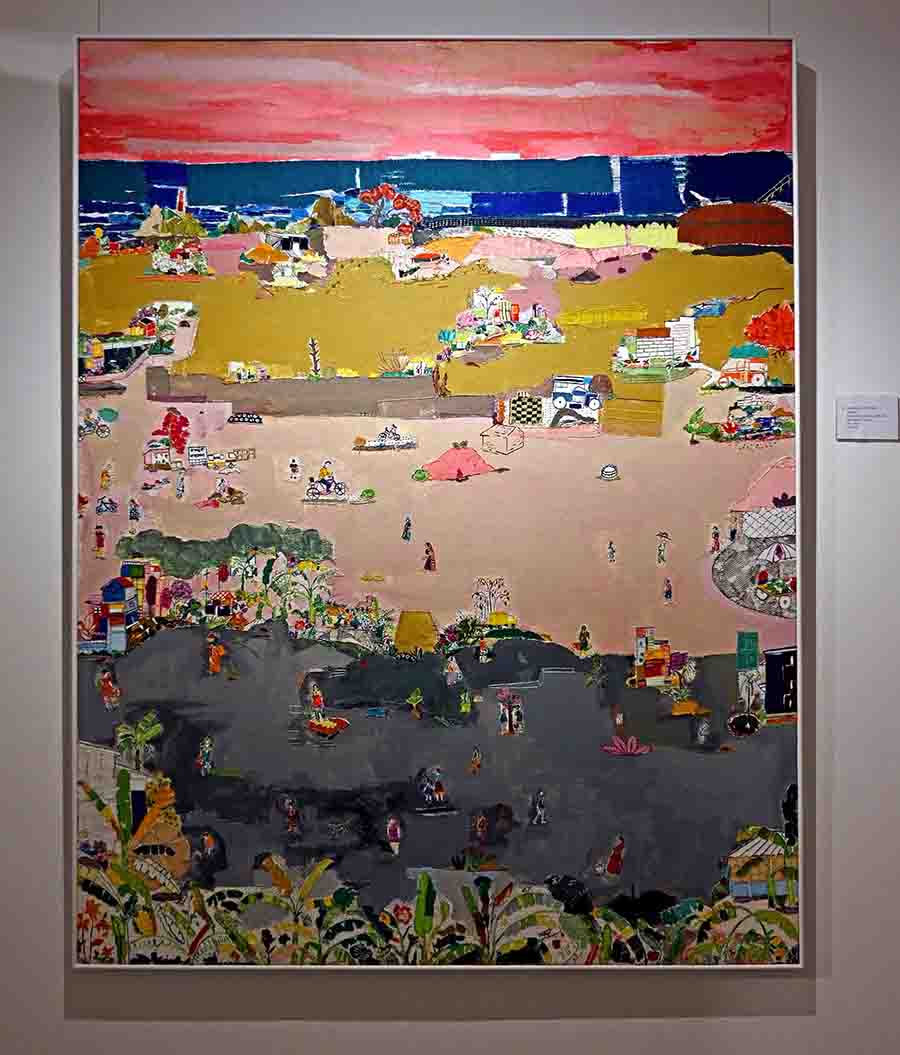 Shreyasi Chatterjee’s artwork creates a panoramic view for the audience and focuses on the small details of everyday life. This untitled creation of embroidery, acrylic, paint, and applique on canvas is one such example