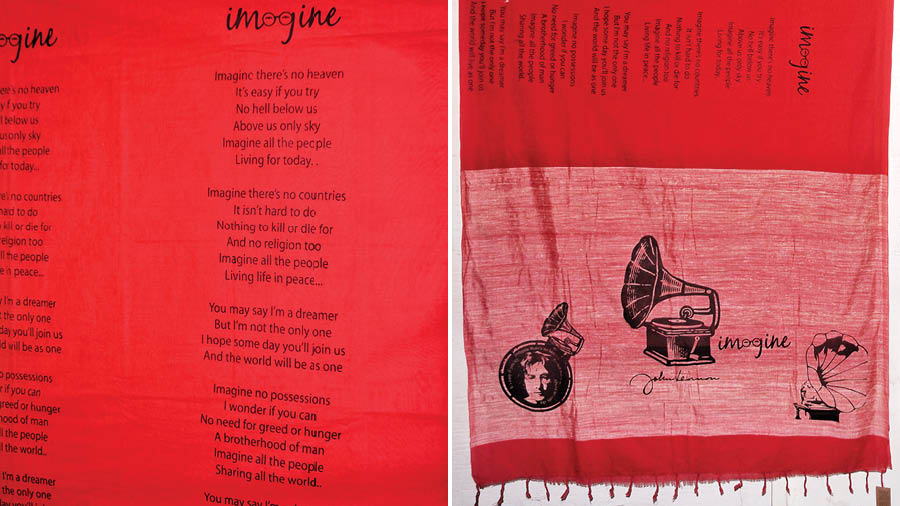 John Lenon’s ‘Imagine’ imprinted on Faiza’s sari