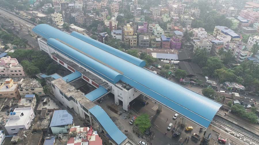 An aerial view of a Metro Railway station at VIP Road market area on Saturday