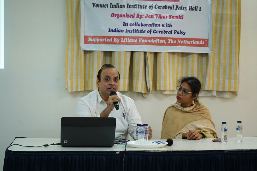 On December 21, the Indian Institute of Cerebral Palsy hosted a day-long workshop on social security for persons with disabilities in collaboration with the NGO Jan Vikas Samiti, Varanasi. (In pic) Panellists Dr Priyanka De, assistant professor at Presidency University (right) and Anirban Banerjee, joint secretary of the Multiple Sclerosis Society of India (MSSI), Kolkata (left) are seen discussing a point. Other panellists who attended the workshop were Shampa Sengupta, director, Sruti Disability Rights Centre; and Bubai Bag, professor