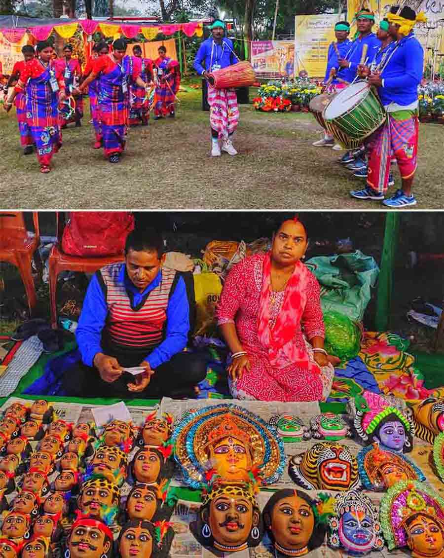 The seven-day Gram Kristi Utsab which began on December 23 at the premises of Kolkata Press Club has been attracting several visitors. While participants took part in a traditional dance on Tuesday, handmade masks were on display