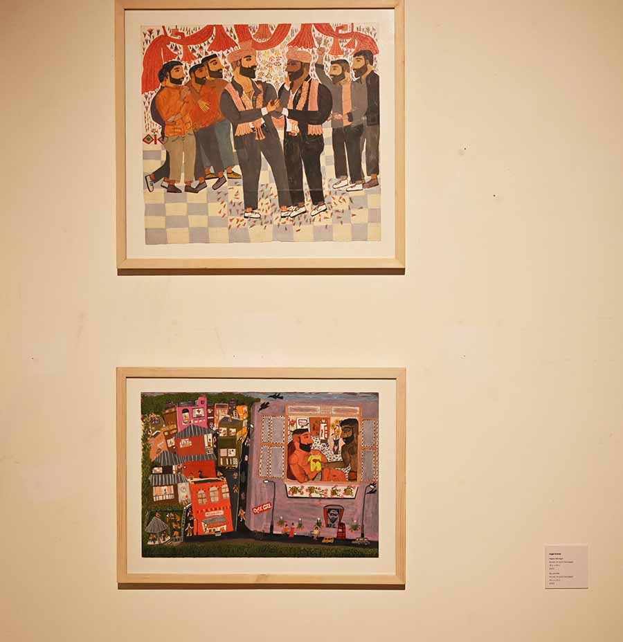 ‘Happy Marriage’ (top) and ‘You and Me’ (bottom) are both by Jammu-bred and Delhi-based artist Jugal Kumar. Made with acrylic on acid-free paper, they showcase the beauty of queer relationships and challenge the binaries enforced by society
