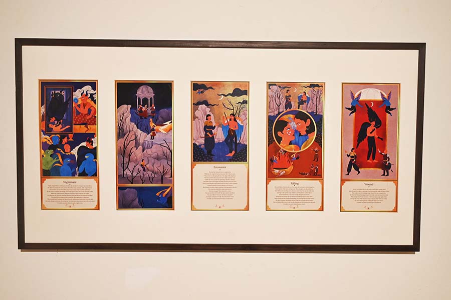 Five panels from Reya Ahmed’s ‘Nur and the Nightmare’ have been presented, with text by Maniza Khalid. A resident of Kolkata and London, her artwork represents her Bengali-Muslim heritage and queerness. Women in Reya’s art are supernatural beings, building communities while dreaming of the absurd