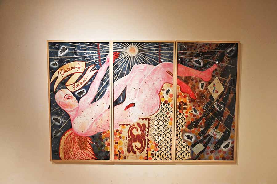 ‘Vicariously Icarus’ by Goa-based Kadamboor Neeraj derives aesthetic inspiration from traditional Indian paintings, and depicts people’s interpretation of and their responses to their environment