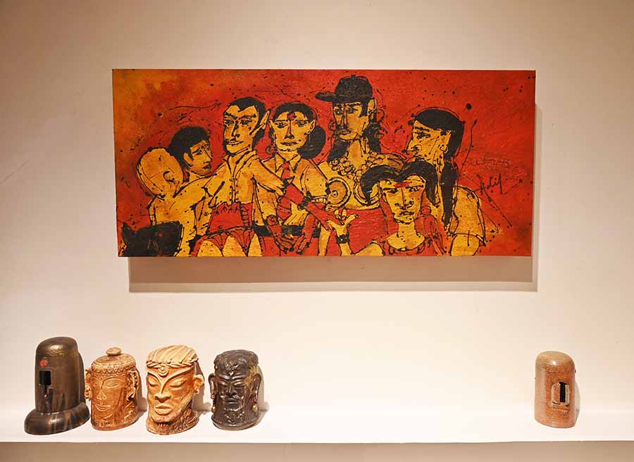 Adil Writer is a ceramist based in Auroville who uses clay in his acrylic painting. ‘We featured established and emerging artists at this exhibition, and even selected people from our Open Call program. The goal was to tap into the rage simmering within them, or give voice to acts of radical care,’ said Datta.  