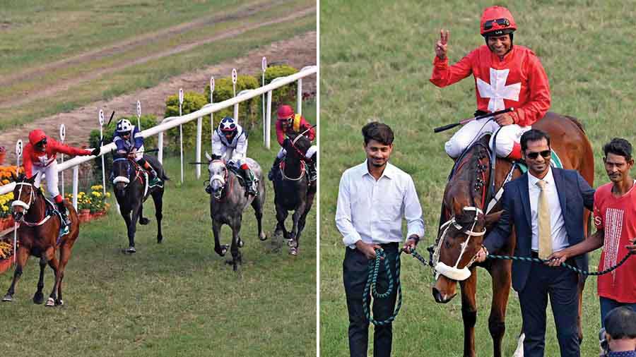 Jockeys on the track and (right) Suraj Narredu after his win