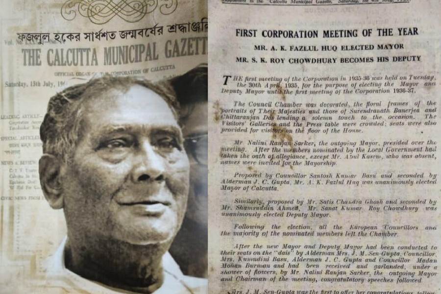 The news of Abul Kasem Fazlul Huq (left) becoming the mayor of Kolkata, taken  from the Kolkata Municipal Gazette and published in the KMC’s official magazine Purasree’s December 16, 2023, issue.