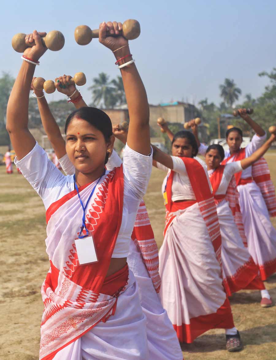 Members of the All Bengal Bratachari Training Camp at Behala showcase their skills on Saturday 