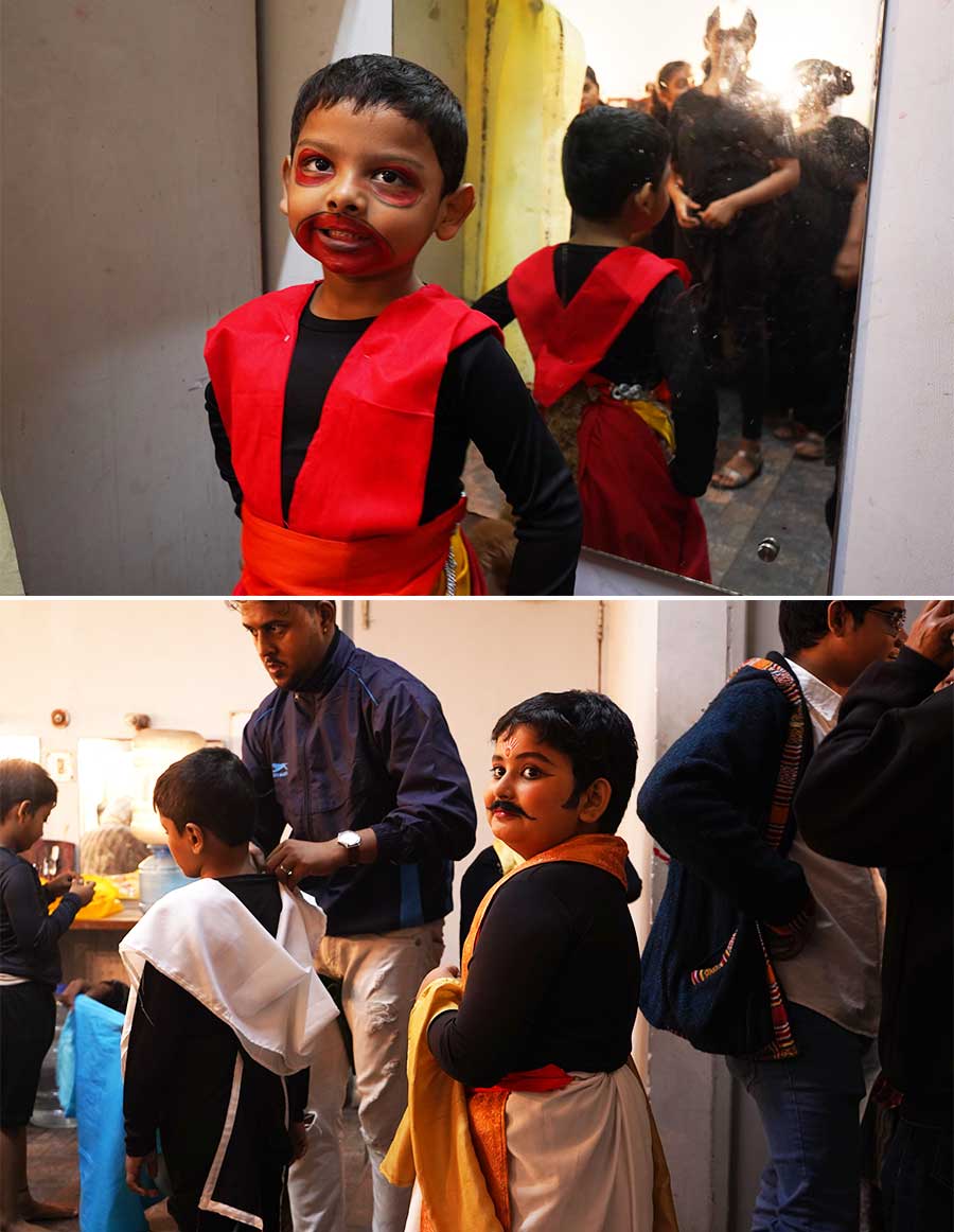 A child artiste, one of the  chhotto banorsena in Lakshmaner Shaktishel, waits patiently with his make-up done. (Right) Bibhishon looks quite happy after dressing. The play written by Sukumar Ray is a humorous take on Ramayana 