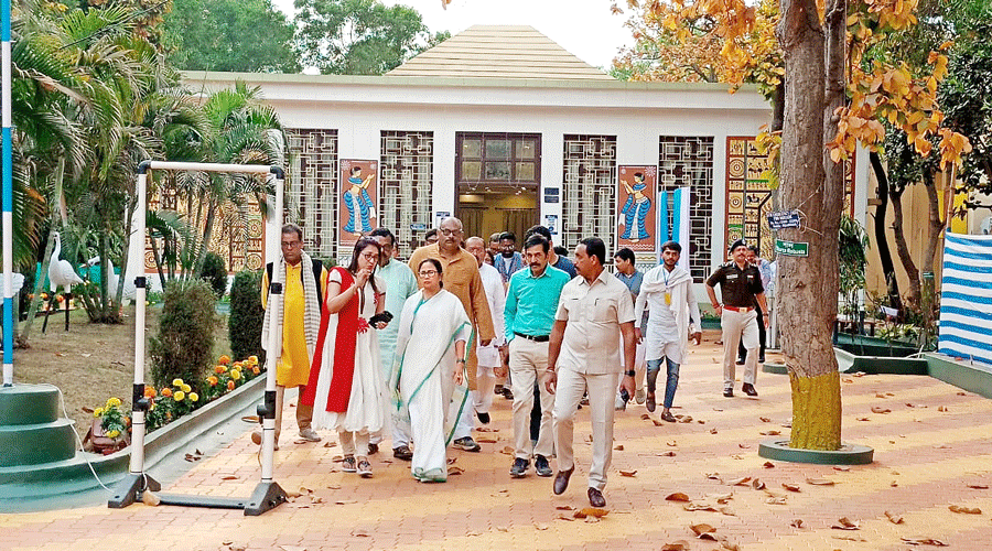 Mamata Banerjee comes out after a meeting with Visva-Bharati students in Santiniketan on Tuesday.