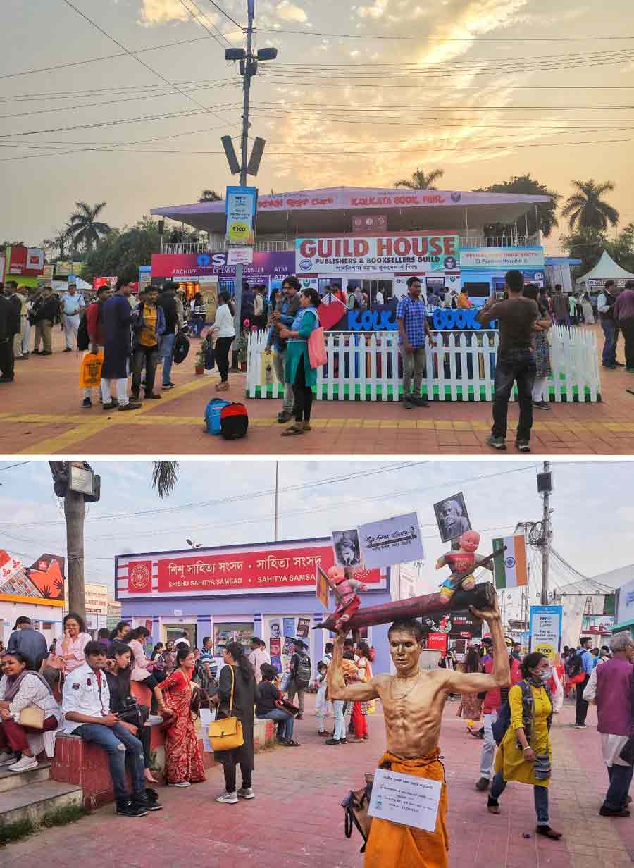On the second day of the 46th International Kolkata Book Fair on February 1, 2023 book lovers thronged the boimela prangan and visited several stalls and pavilions. People also clicked selfies in front of the iconic “I love Kolkata Book Fair” installation 