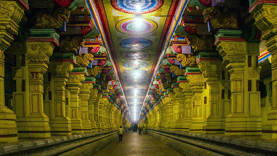 The brightly painted, pillared corridors of the Ramanathaswamy Temple are this centuries-old temple's star attraction