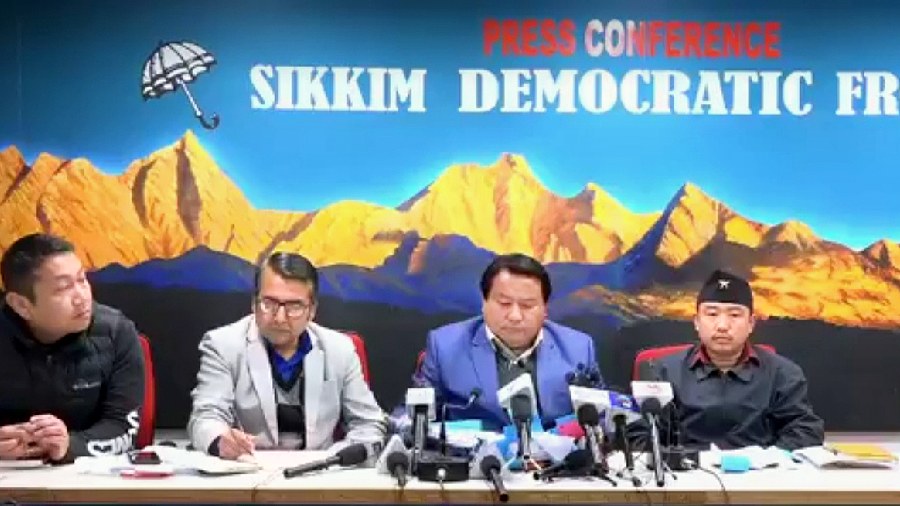 SDF chief spokesperson MK Subba (centre) addresses the press conference in Gangtok on Wednesday