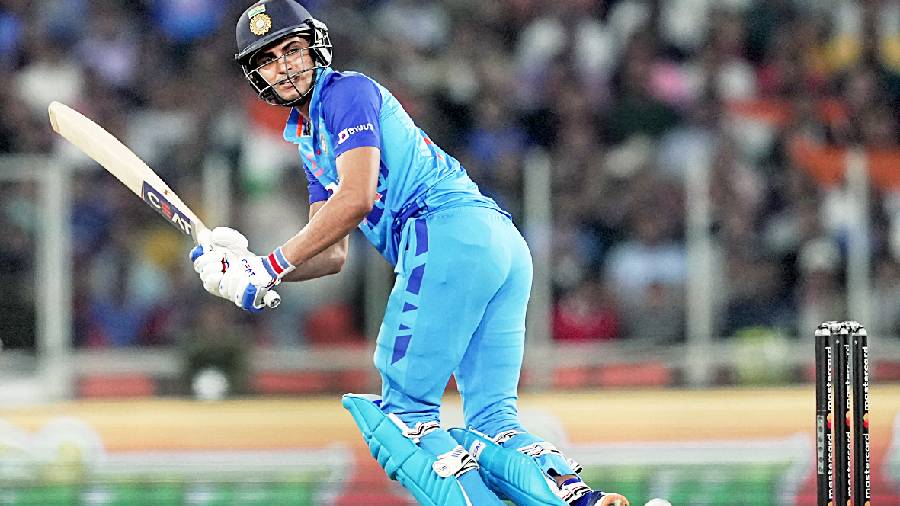 Shubman Gill en route to his maiden T20I century, during his unbeaten 63-ball 126, in the third game against New Zealand at the Motera stadium in Ahmedabad on Wednesday