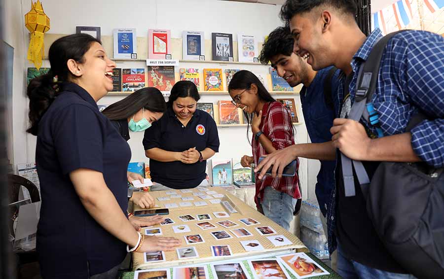  Ashif Aktar from Taki Government College was playing a game with his friends at the Thailand stall. ‘The photo match game at the Thai Corner was interesting. I’m looking forward to buying some books as well.’