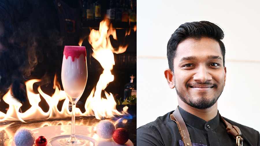 Media City, a gin-based cocktail with sweet notes of coconut and green tea syrup, mixed by Bimal Das of Refinery 091, captures the glam factor of The Telegraph. It’s mellow inside and sizzling hot outside with a dash of sparkle, just like the tabloid. (Right) Bimal Das