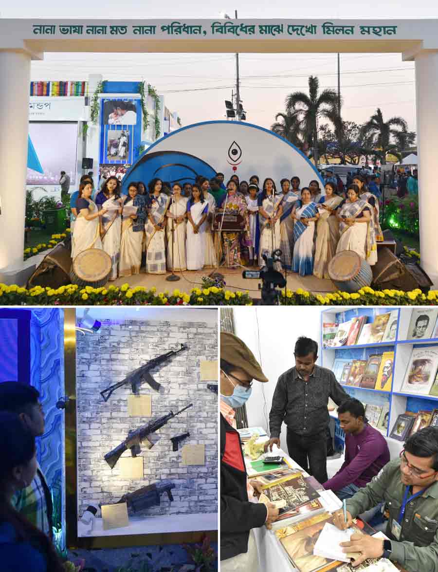 A cultural programme was held on Thursday at the 46th International Kolkata Book Fair. People at a stall.  Visitors took a look at the arms on display at the West Bengal Police stall 