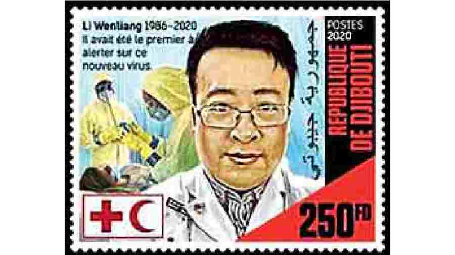 A stamp from Djibouti in tribute to Covid-19 whistleblower Dr Li Wenliang