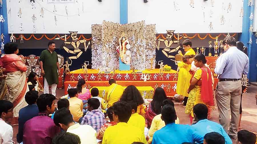 Students gathered for puja at Labanhrad Vidyapith