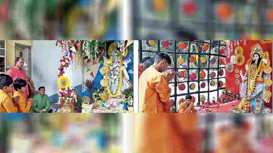 Puja underway at St. Francis Xavier School and Bidhannagar Municipal School.
