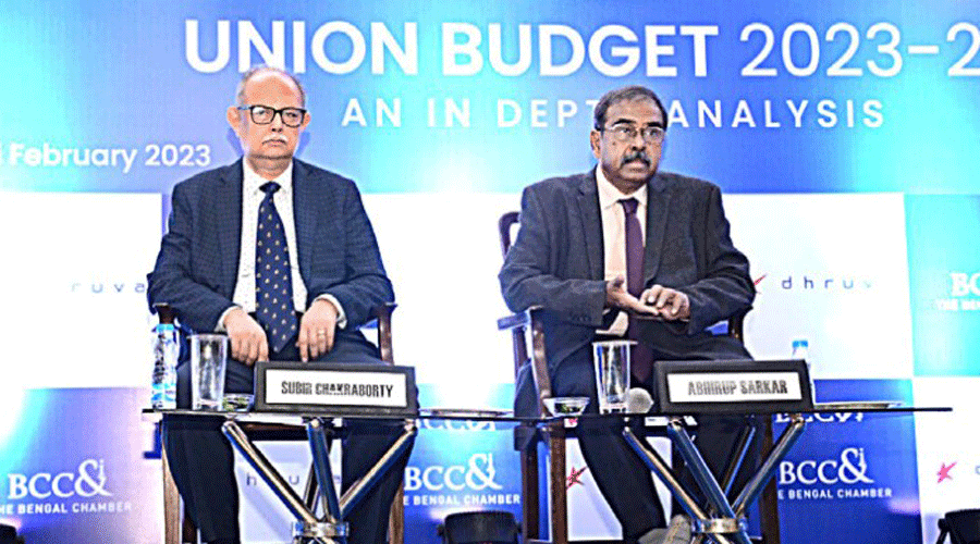 Subir Chakraborty (left), president of BCC&I, and eminent economist Abhirup Sarkar during a post-budget discussion organised by the BCC&I in Calcutta on Thursday.
