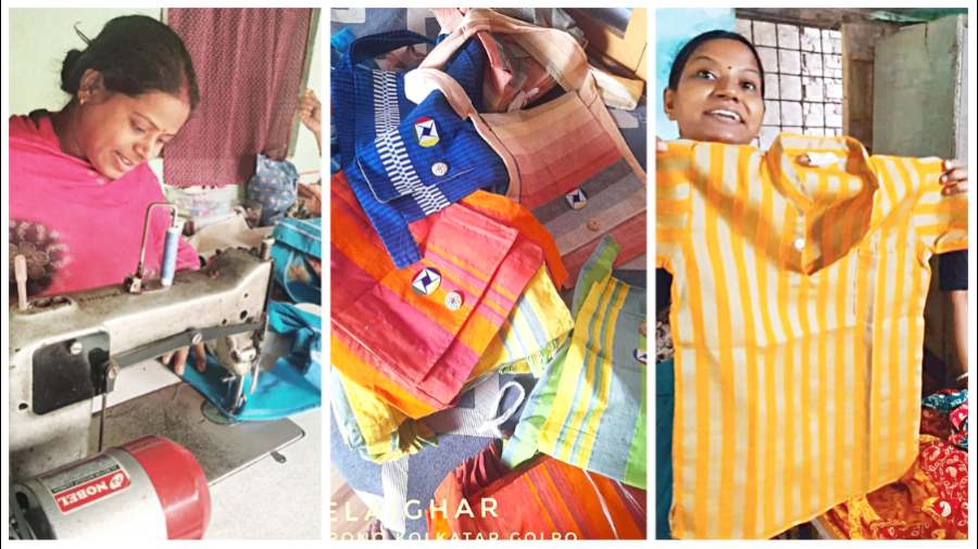 (L-R) Bags being stitched at a unit in Kanthal Beria in South 24-Parganas; Bags made by women that were sent to the conference in Chennai; A kurta stitched at the unit on display