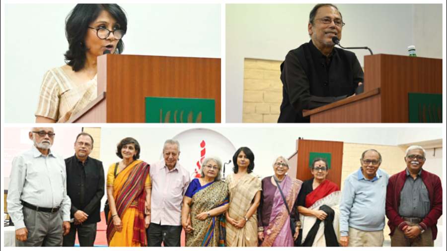 Rosinka Chaudhuri and (right) Dipesh Chakraborty speak at the golden jubilee celebrations of the Centre for Studies in Social Sciences on Thursday evening; (below) academics who were felicitated at the event