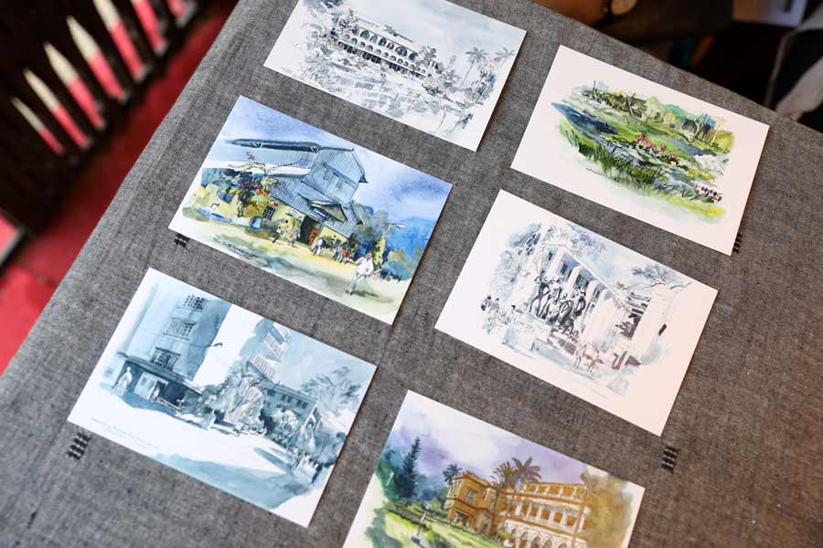 Along with books are available digitally printed postcards of Samir Biswas’ watercolour paintings of various spots on Jadavpur University premises. While the originals hang in the vice-chancellor’s office, visitors can still marvel at the digital prints of the sketches and paintings which come in a set of 20 cards and at a nominal price