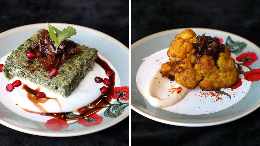 Spinach and Dill Kuku with Zereshk berry agrodolce and whipped yoghurt and (right) Turmeric Roasted Cauliflower with cauliflower crème and Zereshk berry agrodolce 