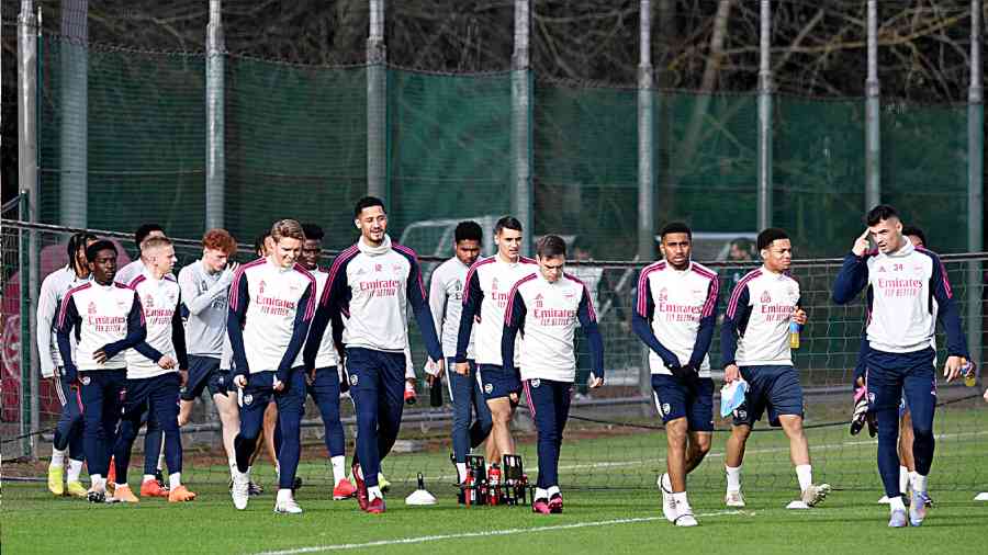 In this picture shared by Arsenal’s official Twitter handle, players gear up for a training session on Friday 