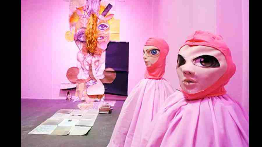 Inside, the cosy gallery space was bathed in an eerie pink glow — after all, just like ‘bitch’ has become a catch-all abuse for women, pink has been pigeonholed as the feminine shade.