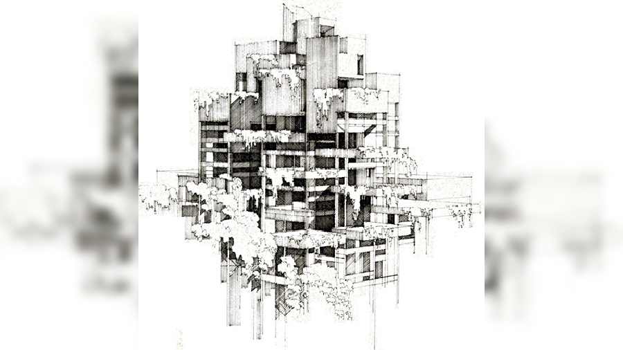 Sketch of a building by Dulal Mukherjee
