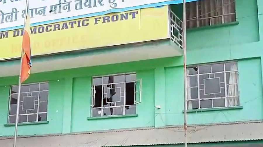 Broken windowpanes of the SDF party office in Gangtok on Saturday