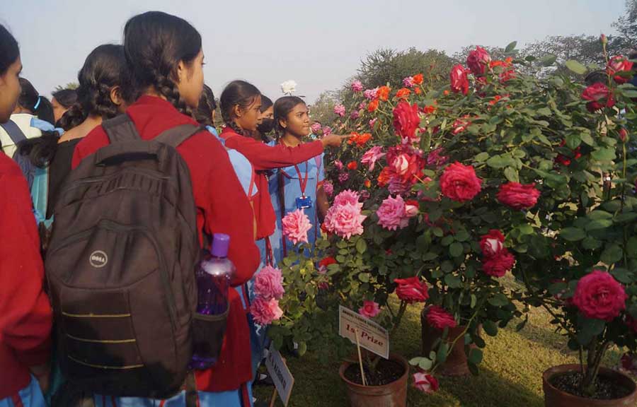 School students visit the Annual Flower Show at Banabitan Biodiversity Park, Salt Lake, on Friday February 3. The show is organised by the West Bengal Forest Department and the West Bengal Forest Development Corporation Limited every year. West Bengal minister for forest affairs and non-conventional and renewable energy sources, Jyoti Priya Mallick, inaugurated the flower show. The four-day flower show will end on February 6