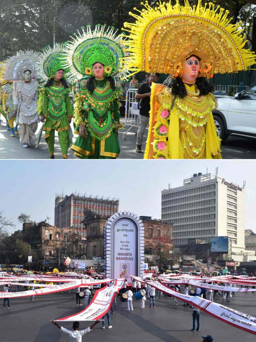 A rally by women members of various Durga puja committees to express their gratitude to the Unesco for according it the cultural heritage tag. Women ‘dhakis’ and women Chhau dancers participated in the rally that began from Rabindra Sadan and ended at Dorina crossing