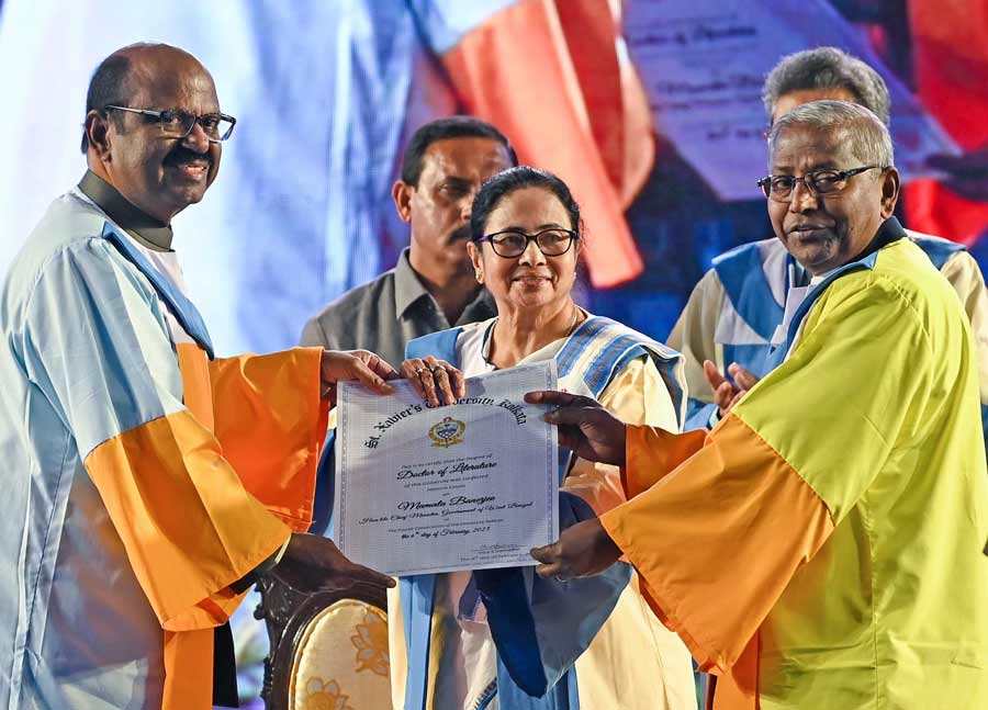 The St Xavier's University in Kolkata conferred an honorary D.Litt on West Bengal Chief Minister Mamata Banerjee on Monday. She was honoured for her contribution in the field of social services and spread of education, vice-chancellor Father Felix Raj said before handing the citation to Banerjee in presence of Governor CV Ananda Bose at the varsity's fourth convocation. Accepting the citation of DLitt (Doctor of Letters) at the function held at the varsity's New Town campus, CM Banerjee said she was dedicating it to the people of the state, and of the country, 